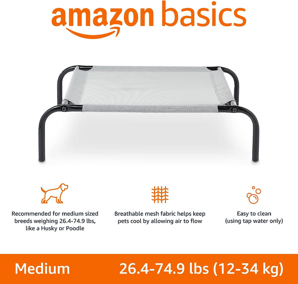 Amazon Basics Cooling Breathable Elevated Dog Bed with Durable Metal Frame, Medium, 43 x 26 x 7.5 Inch, Grey, Easy to As