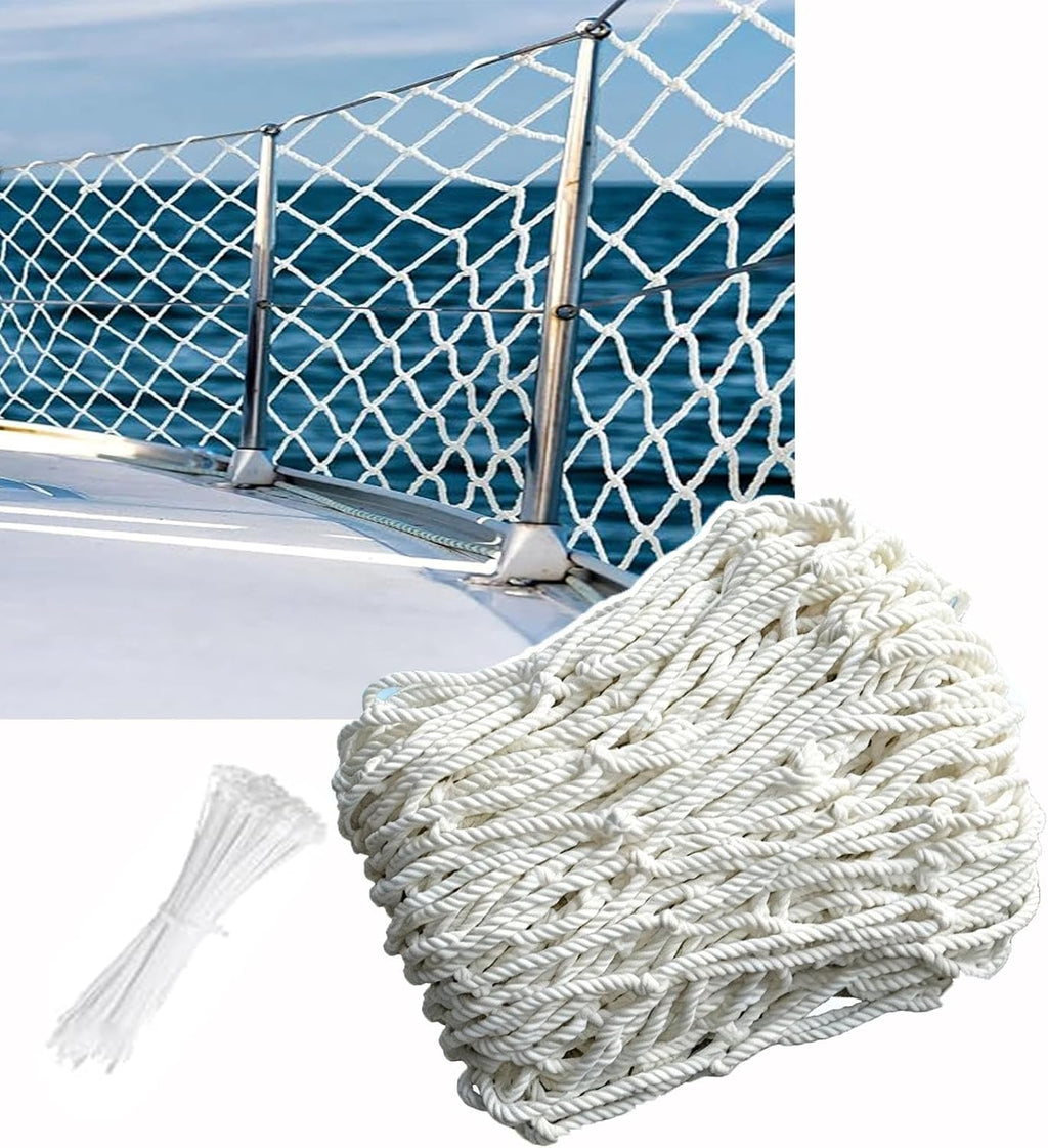 Heavy‑Duty White Safety Rope Net, Knotted Protective Barrier Net, Weather Resistant, for Boat Railings, Deck, Patio, Bal