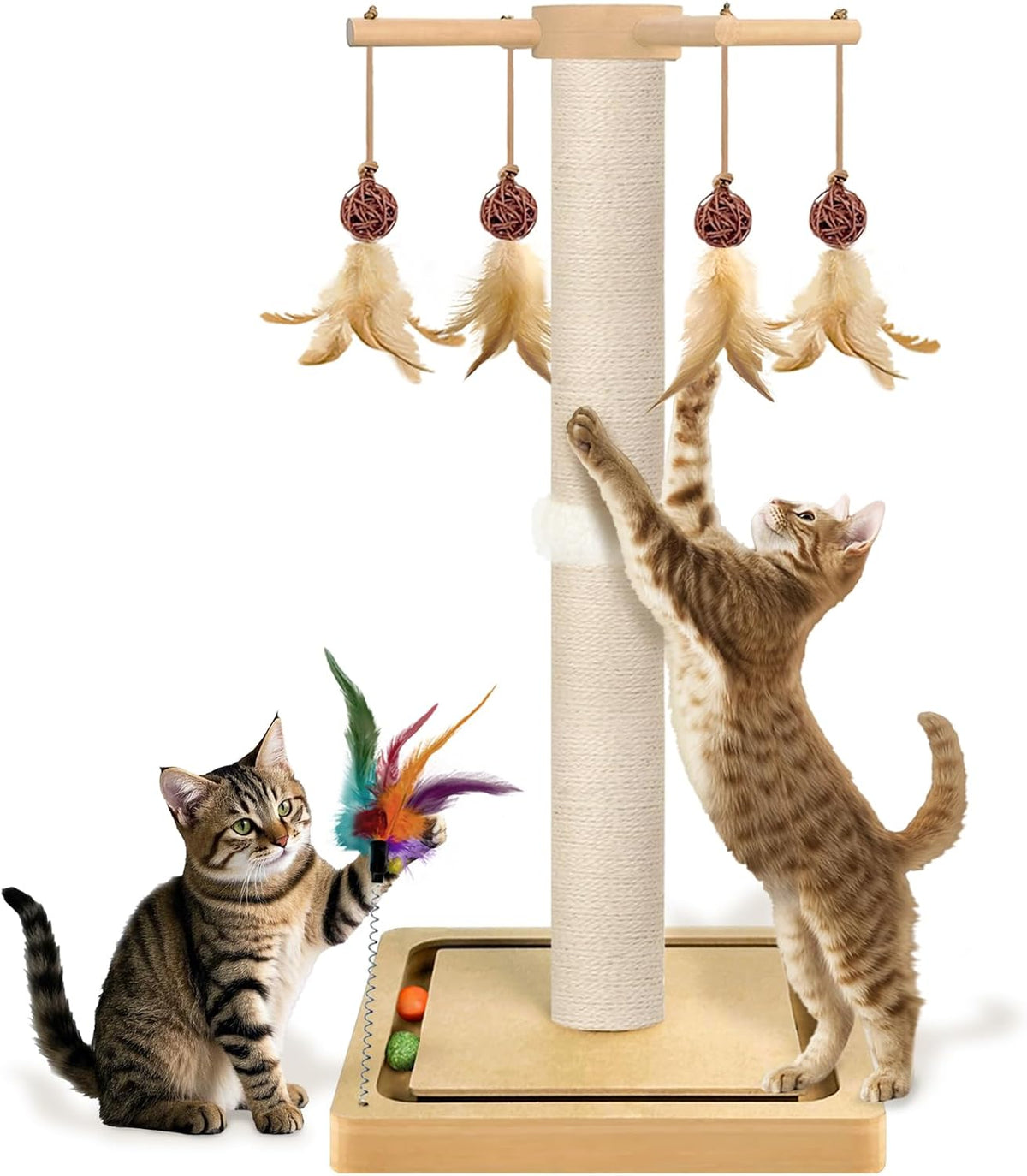 Cat Scratching Post, Sisal Scratcher with Enrichment Toys for Indoor Cats