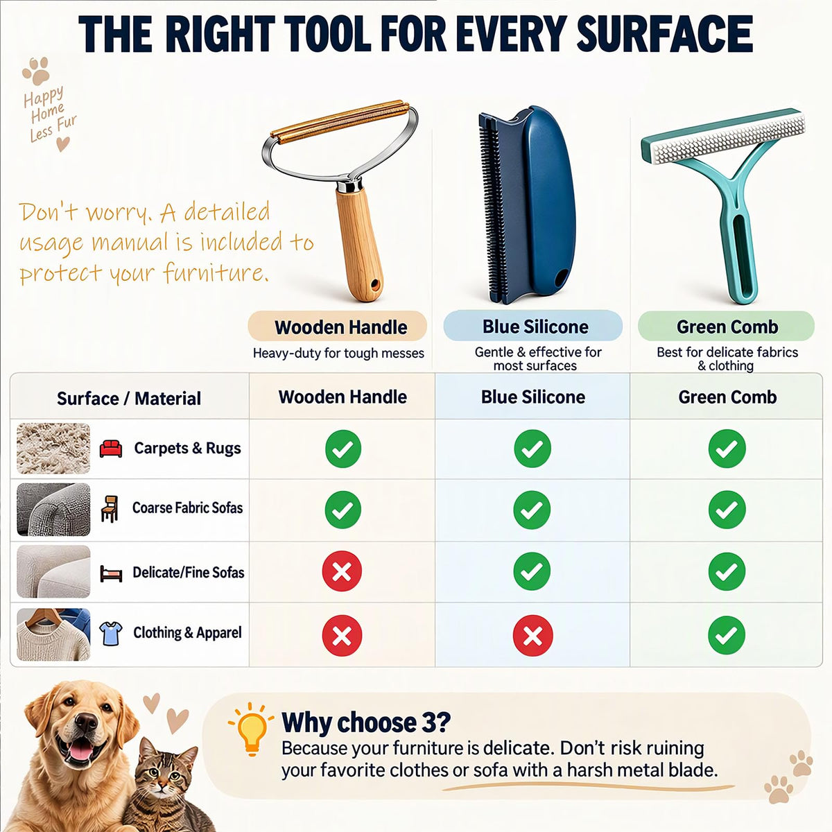 Qbily Pet Hair Remover 2nd Gen (3 Pack) - Reusable Lint Removal Tool for Couch, Carpets, Cat Trees, Car Mats, Furniture, Clothes, Pet Houses, Dog & Cat Hair Scraper Tool with Storage Bag