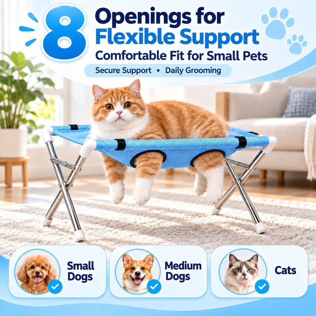 Dog Grooming Hammock with Stand for Small Dogs and Cats, Foldable Stainless Steel Frame, 8-Opening Mesh Sling for Nail T
