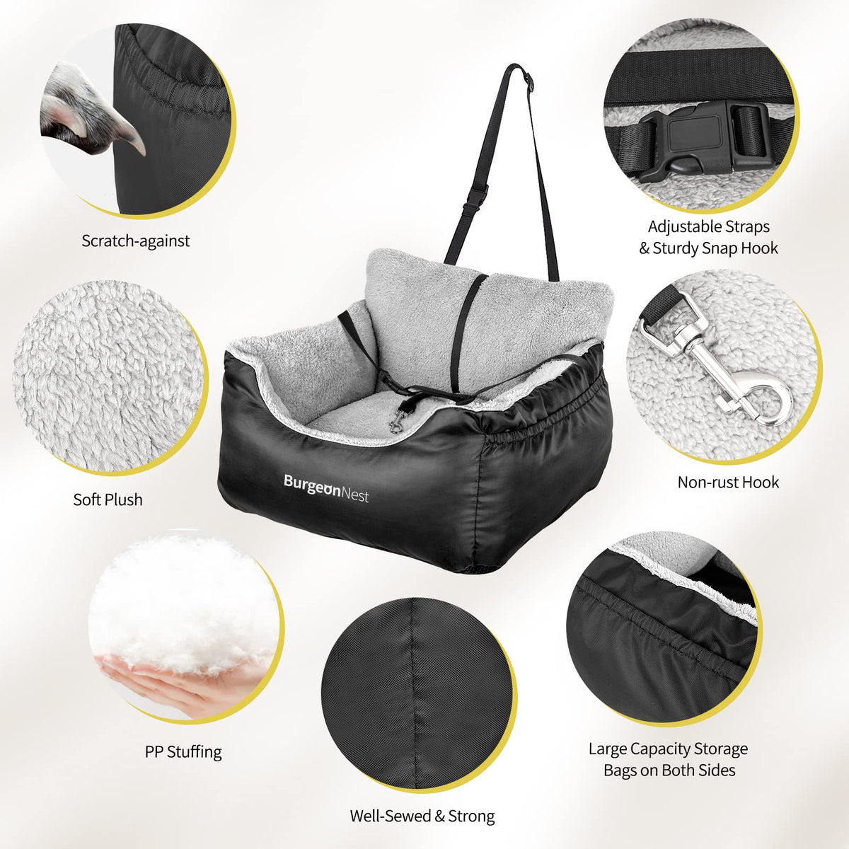 BurgeonNest Dog Car Seat for Small Dogs & Cats Under 25 lbs,Black