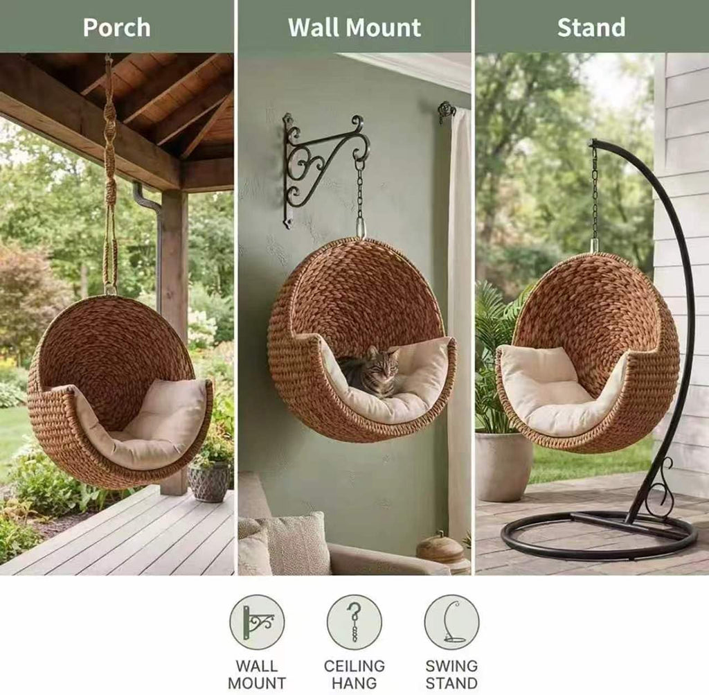 Hanging Cat Bed - Woven Rattan Wall-Mounted Pet Hammock with Soft Cushion