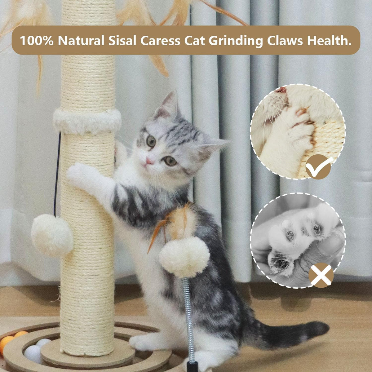 PEEKAB Cat Scratching Post Sisal Scratch Posts for Indoor Cats and Kittens,with Tracking Ball Interactive Toys and Hangi