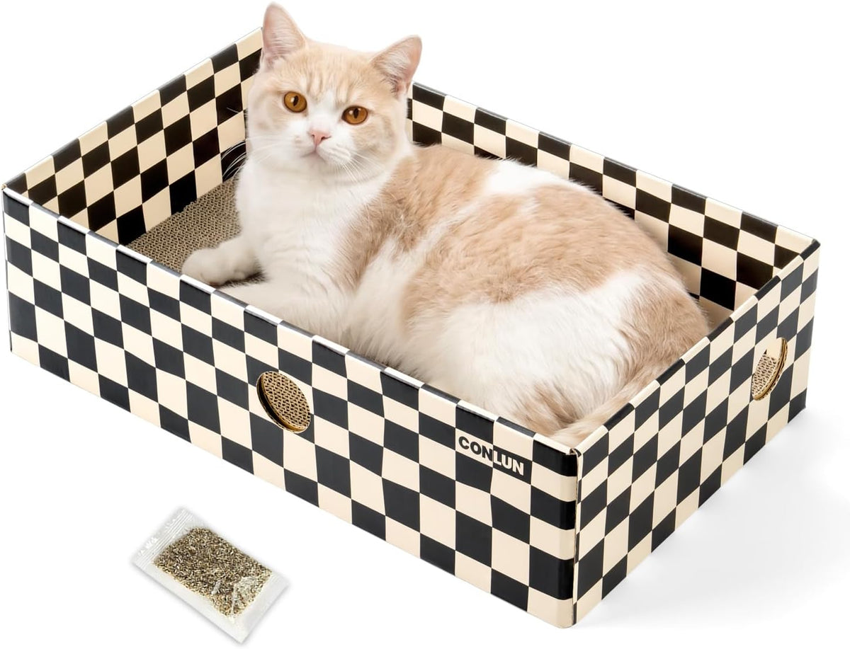 Conlun Cat Scratcher Box, Cardboard Pad, Bed for Indoor Cats, White