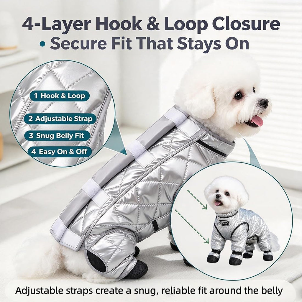 Dog Winter Suit with Boots, Full Coverage Dog Snowsuit，Silver：Large