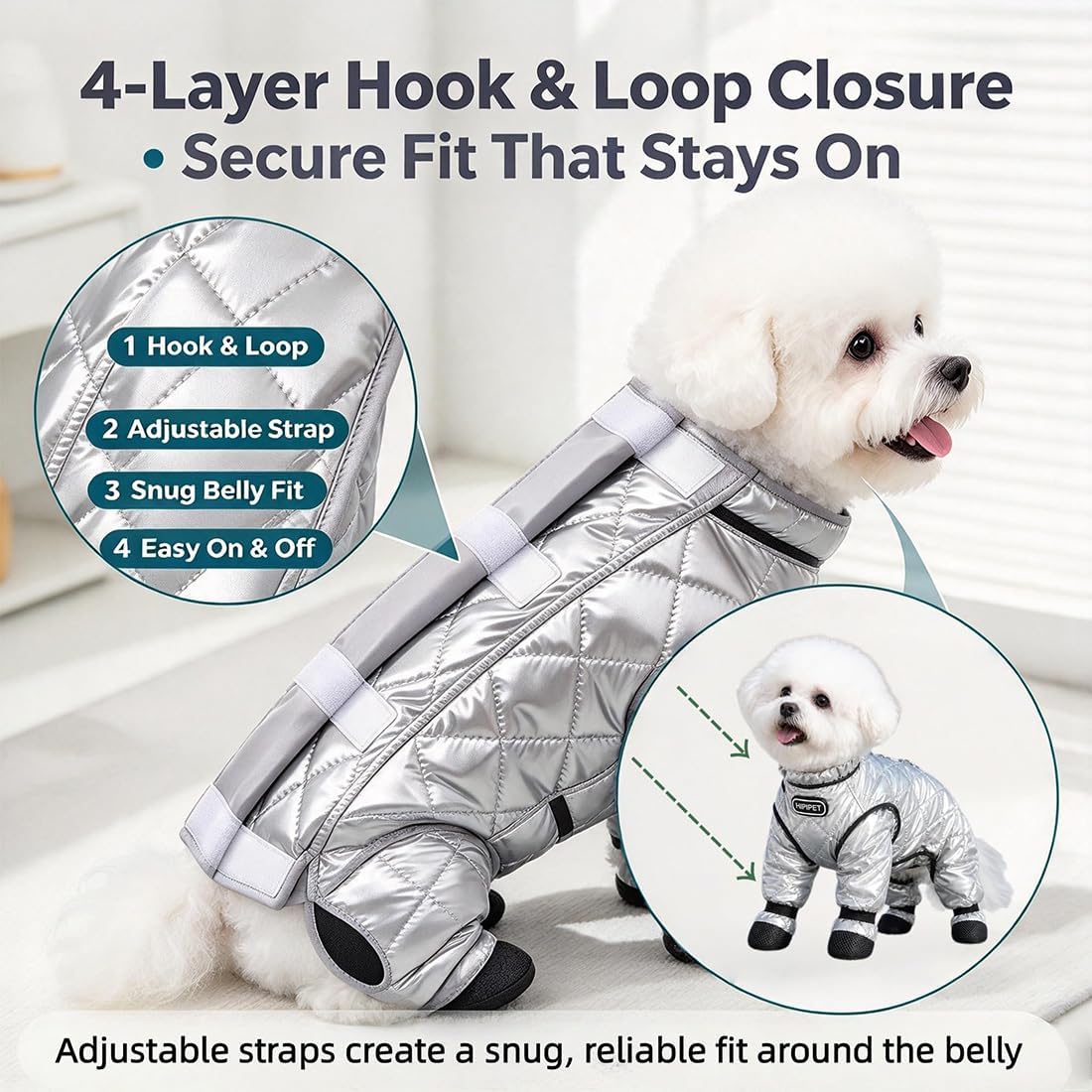 Dog Winter Suit with Boots, Full Coverage Dog Snowsuit，Silver：Large