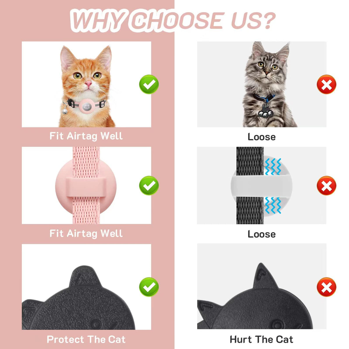 2 Pack Airtag Cat Collar Breakaway with Bell,Reflective Kitten Collar with Apple Airtag Cat Collar Holder,Adjustable 7-12In,Safety Buckle for Girl Boy Cats,Pet Supplies,Accessories,Gifts (Pink)