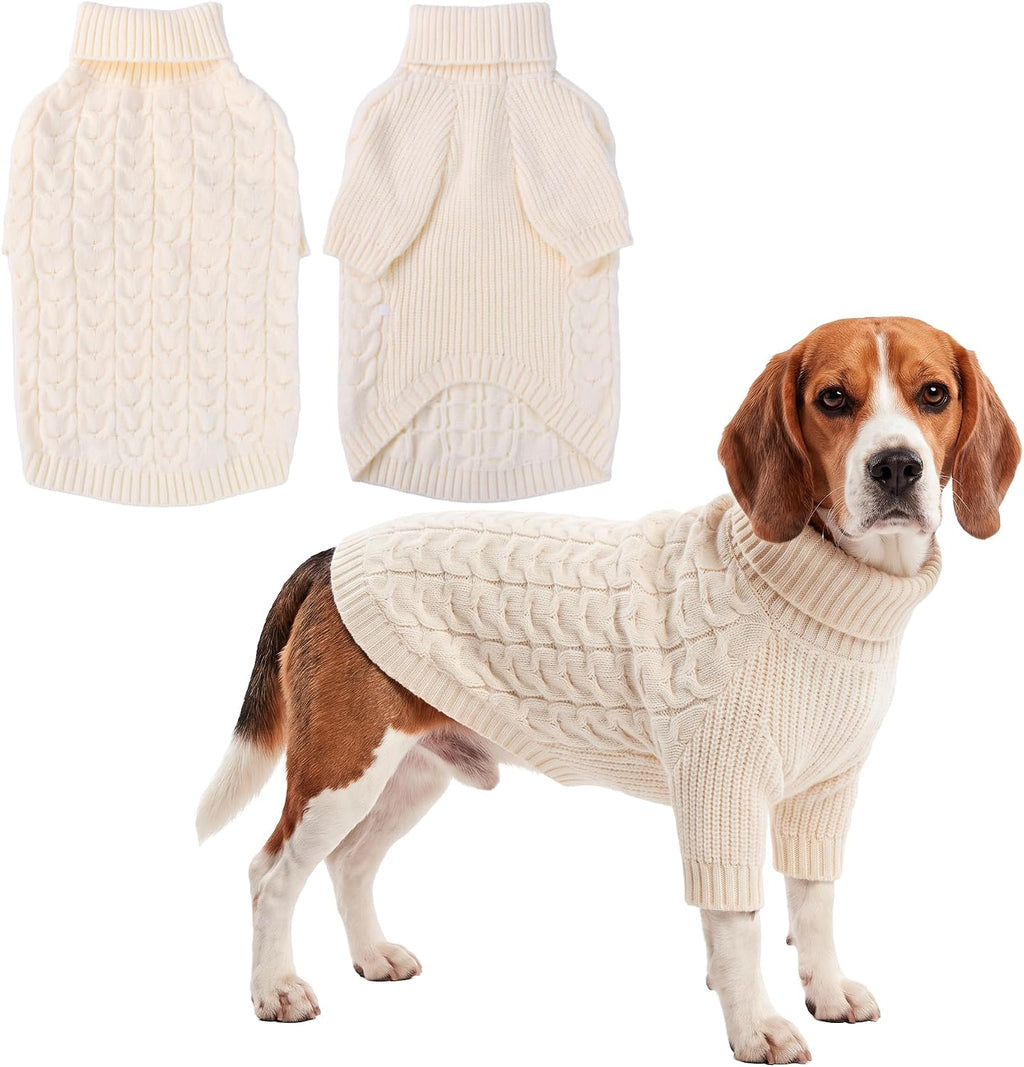 Dog Sweater Turtleneck Cable Knit Pet Sweater for Medium Large Dogs Soft Warm Cream White Dog Winter Clothes with Sleeve