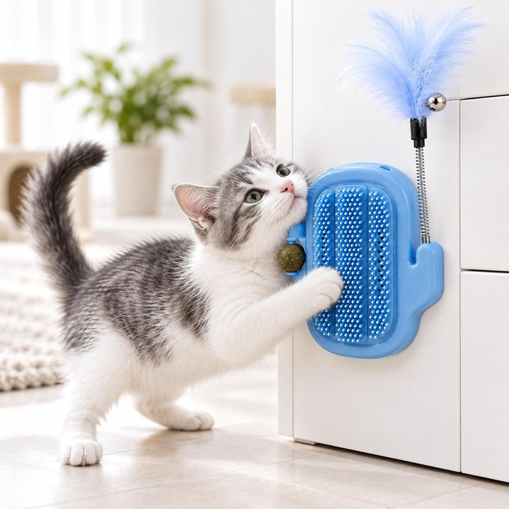 Cat 3/2-in-1 Cat Arch Self Groomer with Feather Wand，Blue