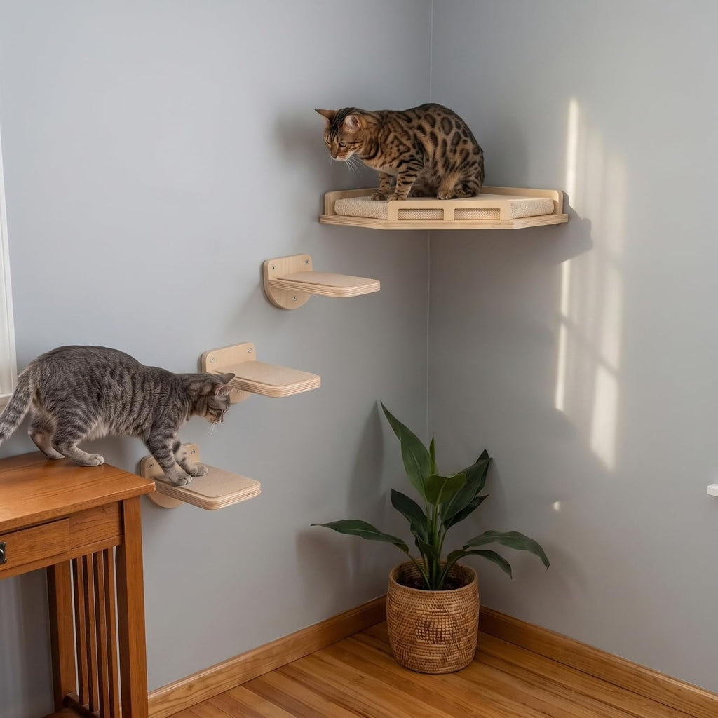 INICIO Cat Wall Shelves and Steps, 4-Piece Wooden Cat Wall Furniture Set