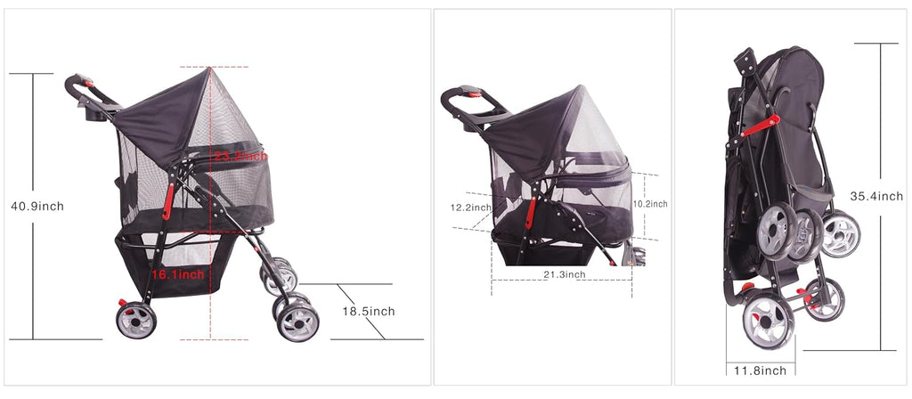 Full-Window pet Stroller 4 Wheels for Cats & Dogs, with Storage Basket,Cup Holder, Travel Puppy/Cats Stroller.