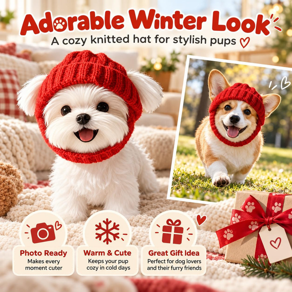 Warm Knitted Dog Beanie Hat with Ear Holes, Stretch Ribbed Winter Pet Headwear with Chin Strap, Cute Cold Weather Dog Ca