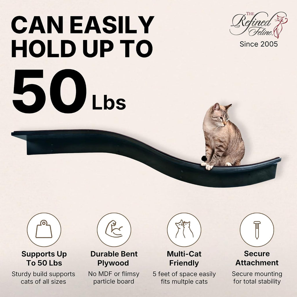 THE REFINED FELINE 60 Inch Lotus Branch Cat Shelf in Black Ebony with Replaceable Carpet, Playing, Climbing, & Lounging 