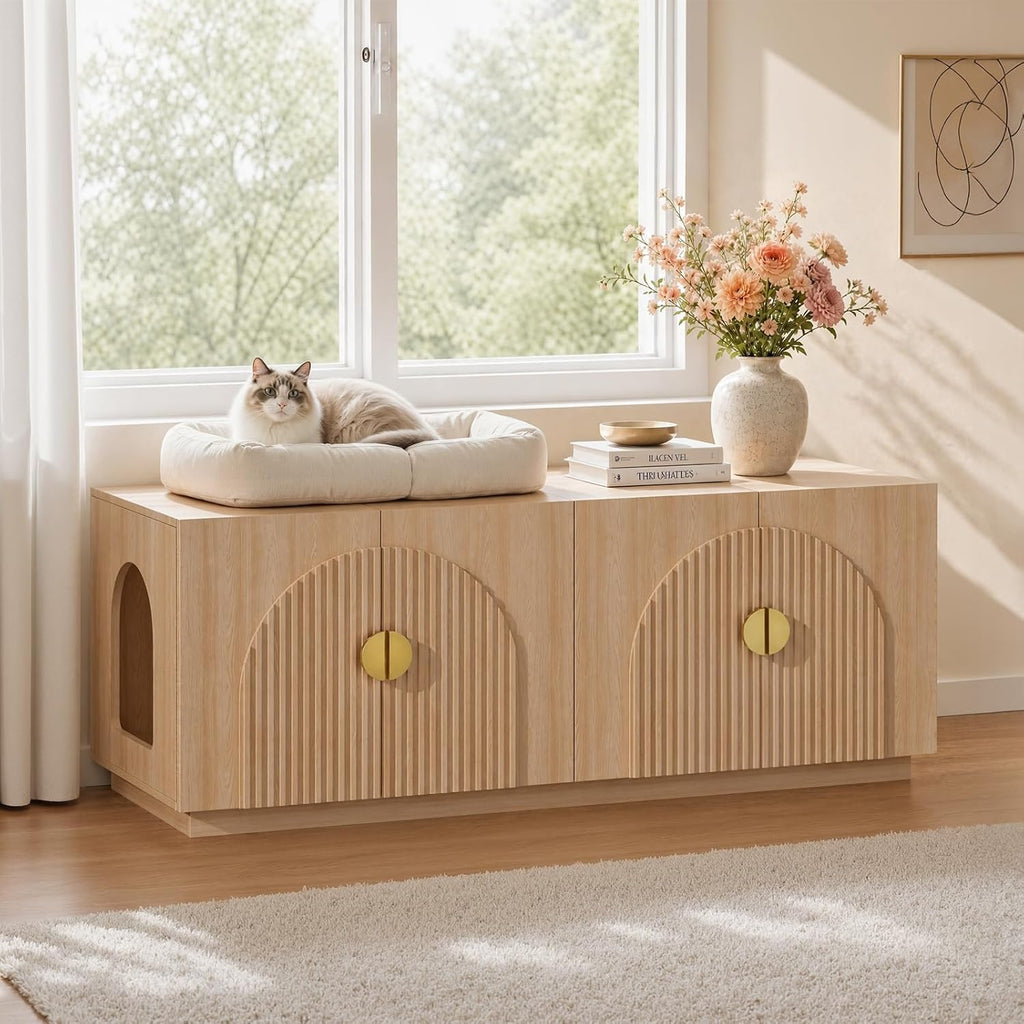 Amunrbrek Cat Litter Box Enclosure Furniture, 31.5" Arched Fluted Cabinet