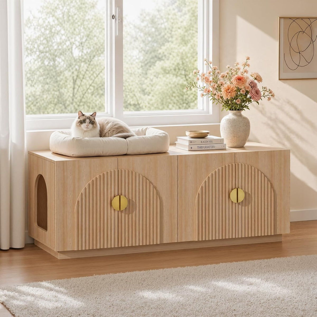 Amunrbrek Cat Litter Box Enclosure Furniture, 31.5" Arched Fluted Cabinet