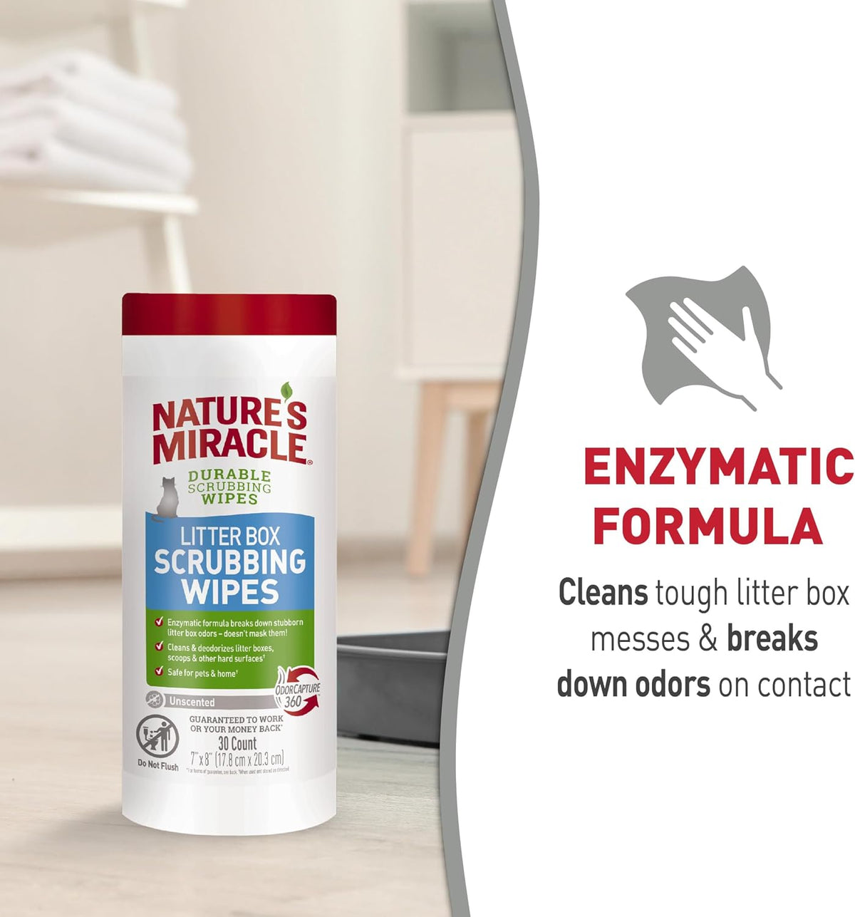 Nature's Miracle Cat Litter Box Scrubbing Wipes, Enzymatic Formula, 30 Ct
