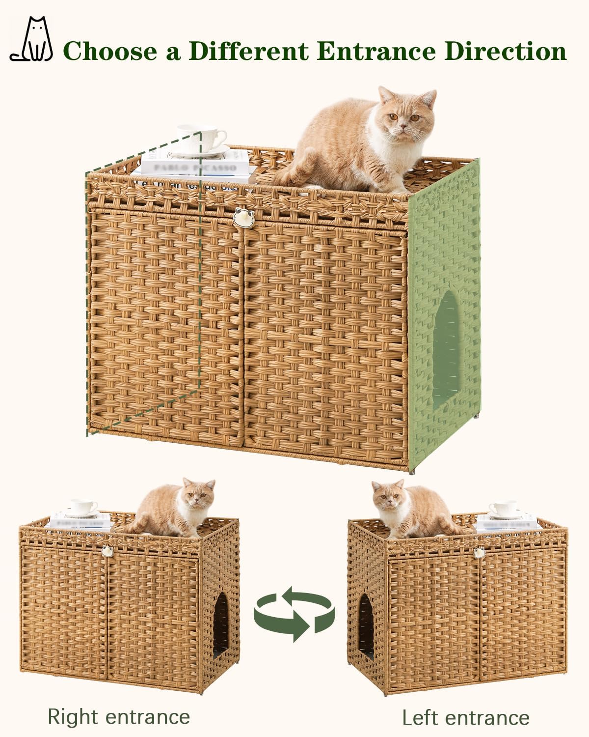 Cat Litter Box Enclosure, Extra Large Hidden PE Rattan Natural