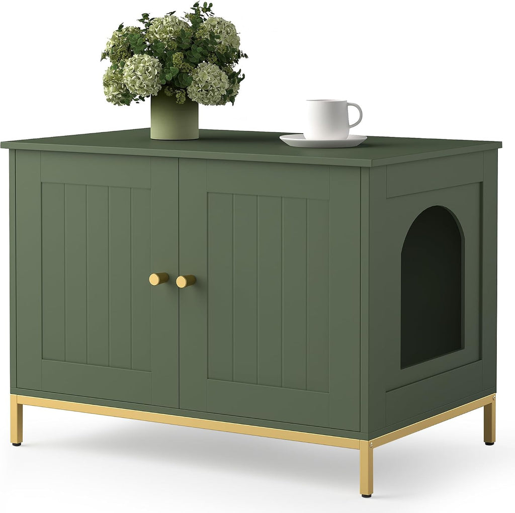 28.3" L Cat Litter Box Enclosure with Metal Frame, Green and Gold
