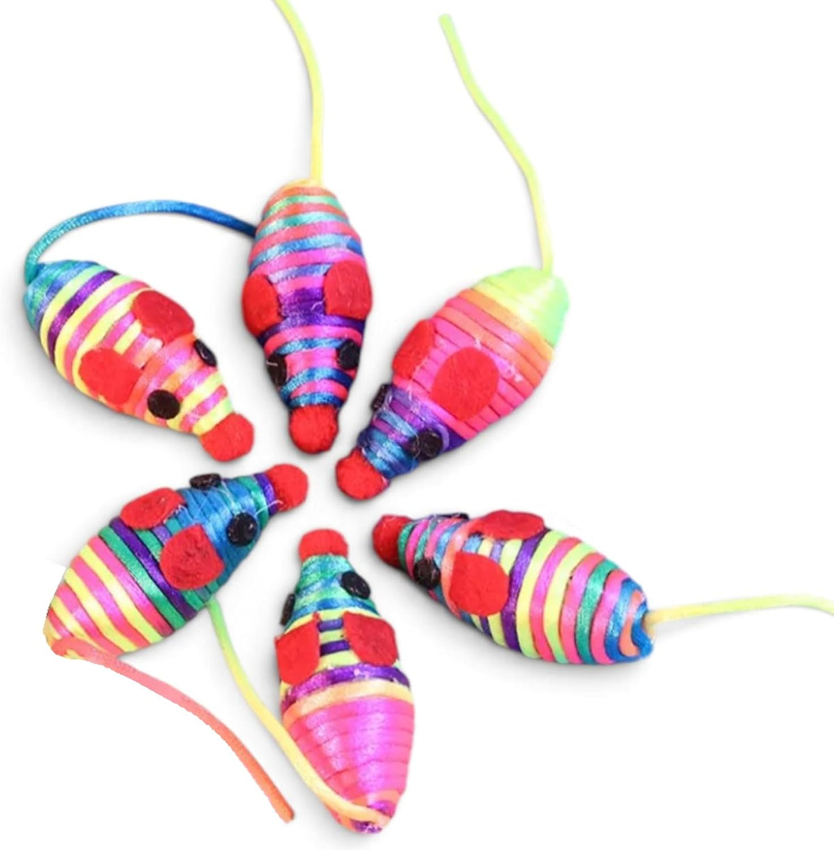 Cat Toys, Assorted Colors, 6 Pack - Striped Mice, Cord Tail