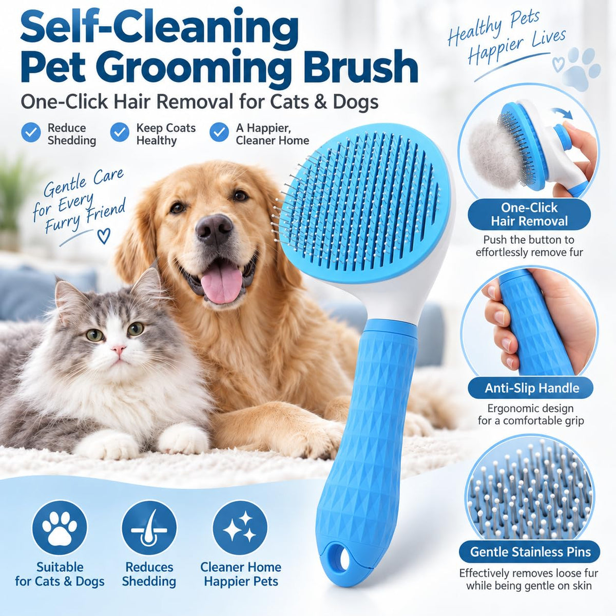 Cat Brush for Shedding, Self-Cleaning Slicker Brush for Dogs and Cats, Blue