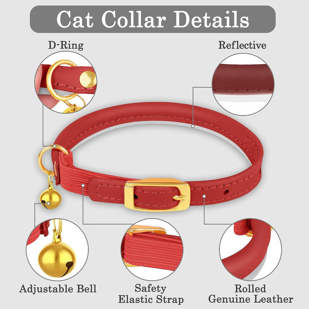OOPSDOGGY Rolled Leather Cat Collar with Bell - Reflective Kitten Collar with Safety Elastic Strap - Adjustable Small Pe