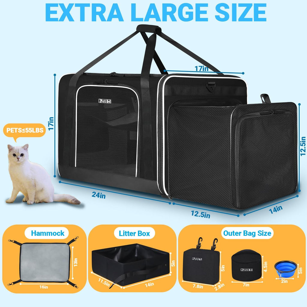 Side Expandable Extra Large Soft Cat Carrier with Litter Box, Black