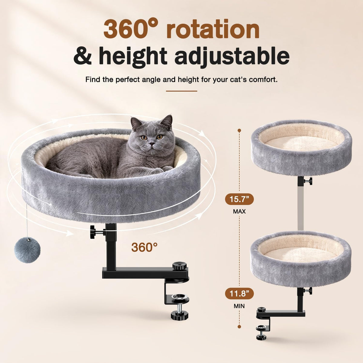 Cat Desk Bed, 360° Rotating & Height Adjustable Cat Bed, 50 lbs