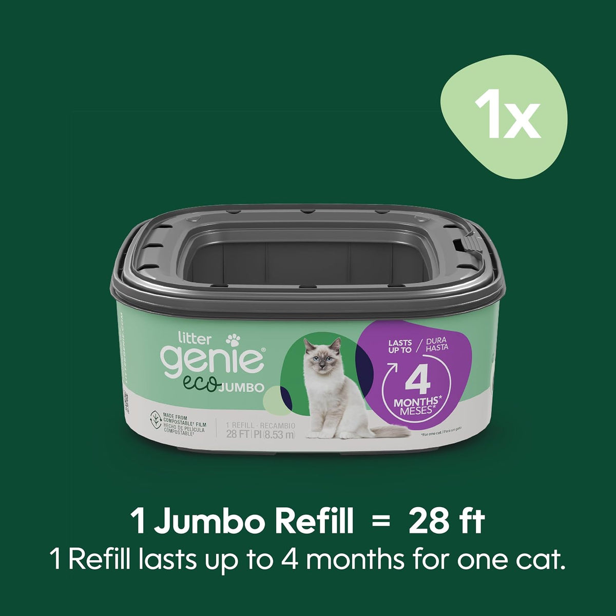 Litter Genie Eco Refills | Compostable Cat Litter Bags Jumbo 2-pack | Up to 4 Months of Supply in 1 Cartridge