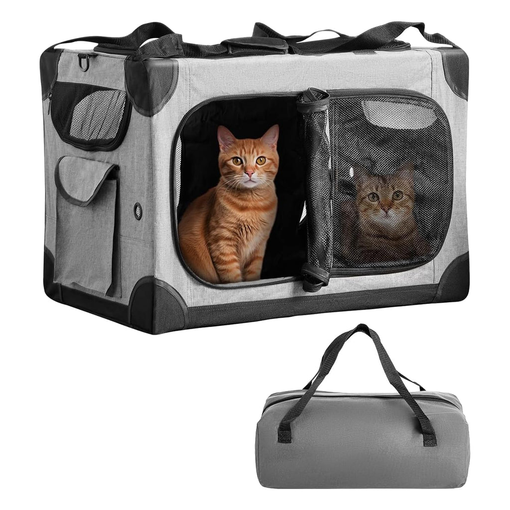 FuzzyNest Large Cat Carrier for 2 Cats, 24x17x17 in, Metal Frame, Gray