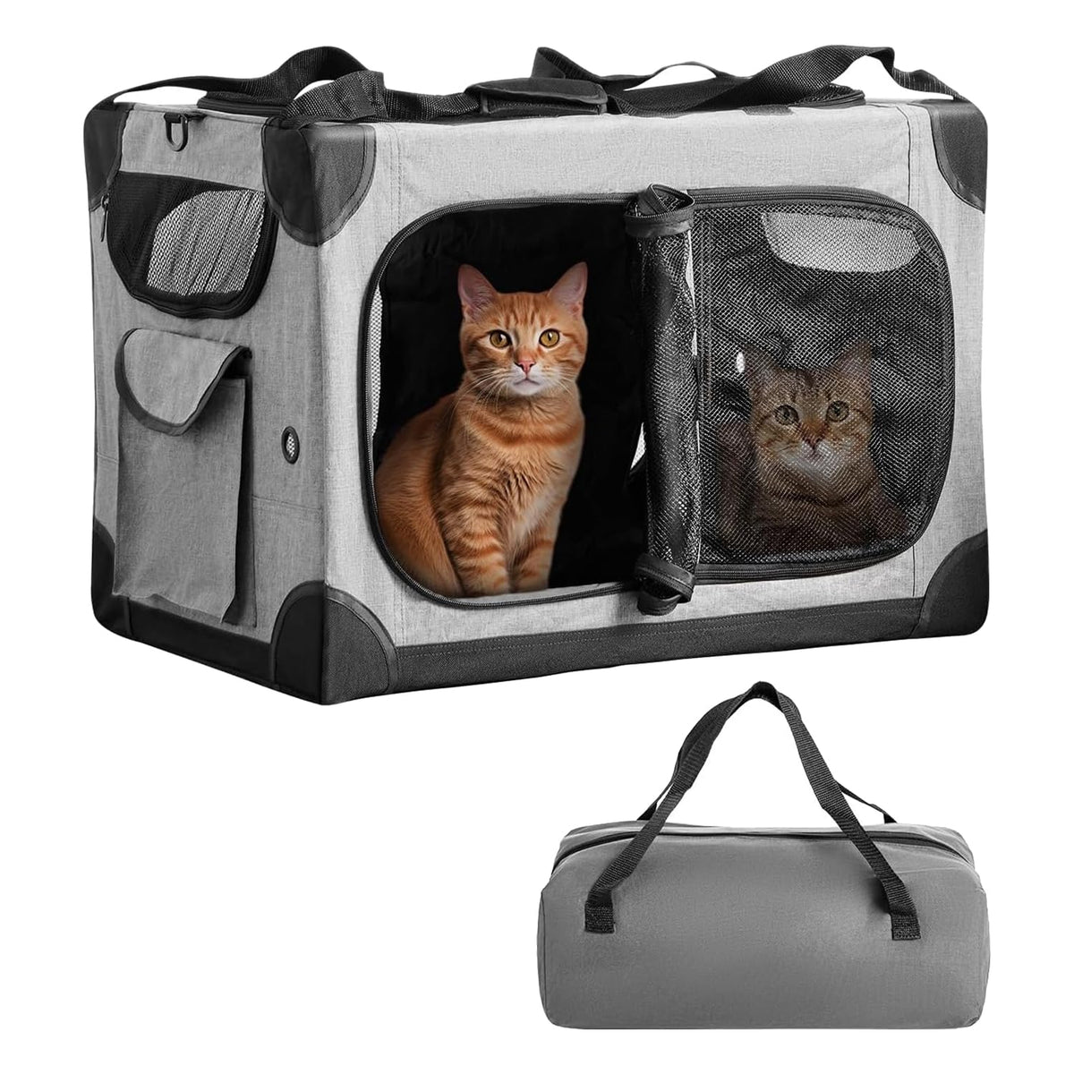 FuzzyNest Large Cat Carrier for 2 Cats, 24x17x17 in, Metal Frame, Gray