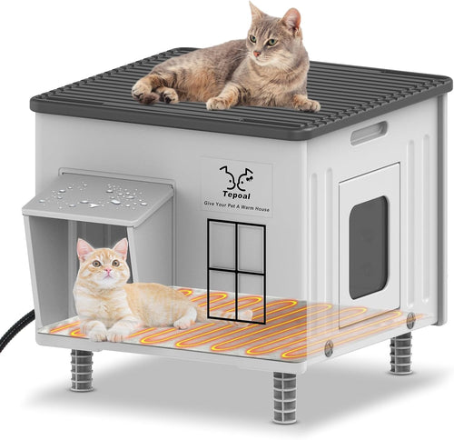 17.7"x17"x17.5" Indestructible Heated Cat House for Outside Winter, Weatherproof Outside Cats Shelter with Safety Escape