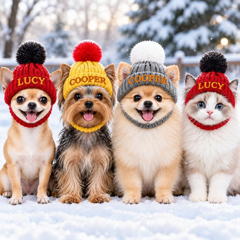 Personalized Dog Winter Hat with Ear Holes Pet Beanie with Embroidered Name