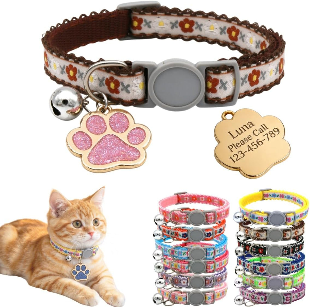Personalized Breakaway Cat Collar with Name Tag, Embroidered Floral Collar