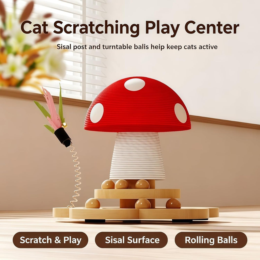 Mushroom Shape, Sisal Scratching Post with Double Layer Turntable & Feather