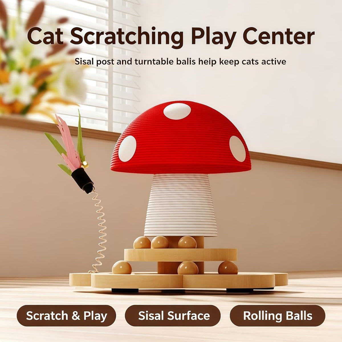 Mushroom Shape, Sisal Scratching Post with Double Layer Turntable & Feather