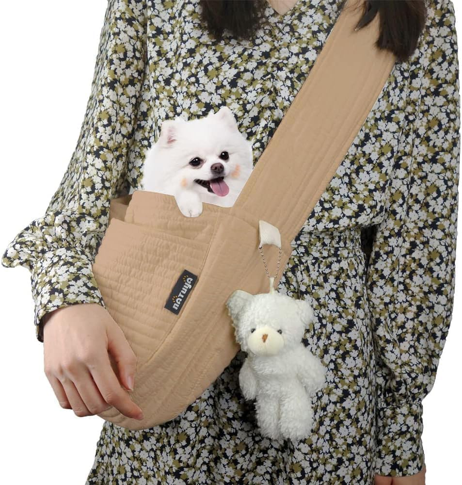 NATUYA Small Dog Cat Carrier Sling, Adjustable Canvas Pet Puppy Pouch,Brown