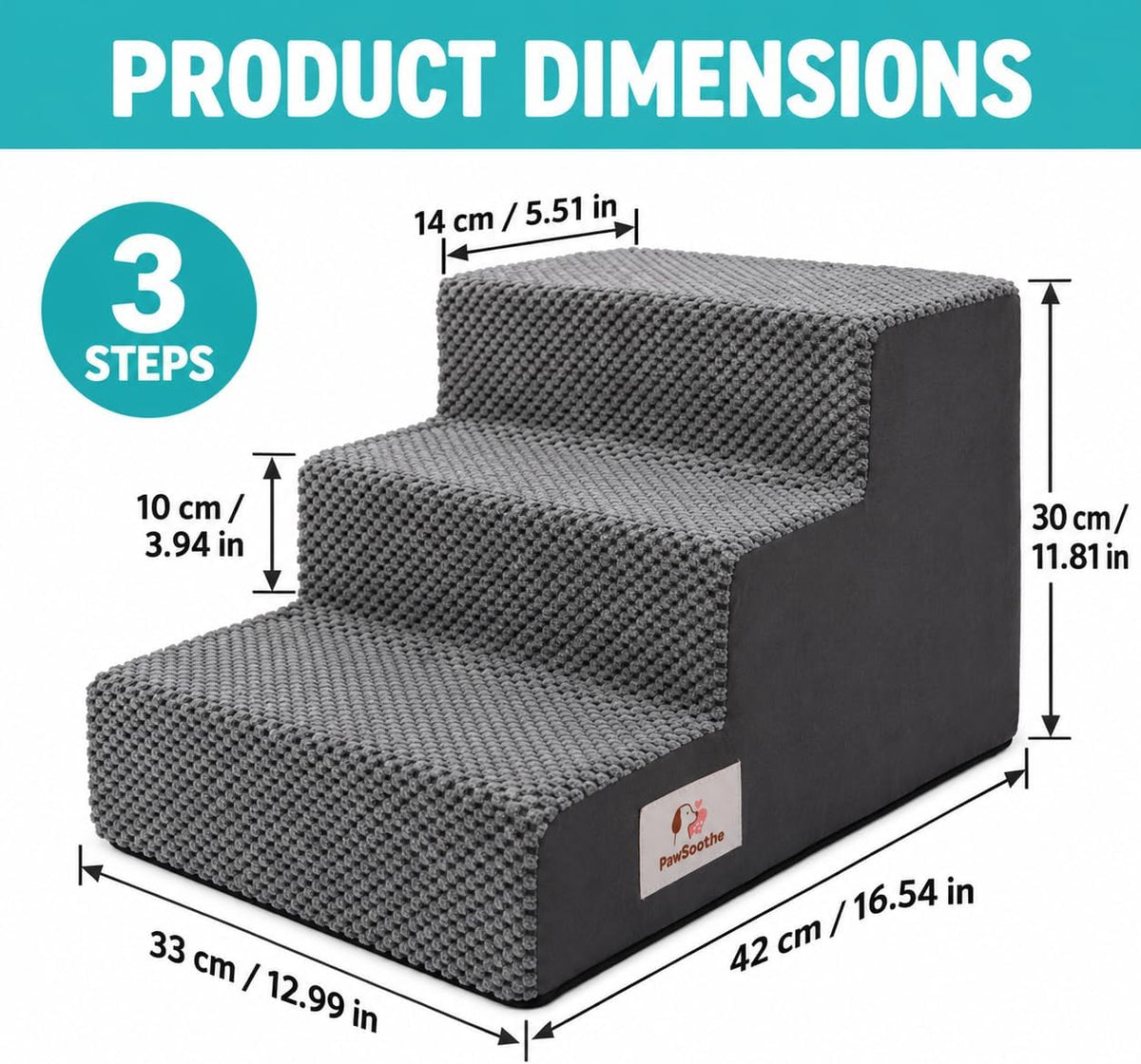 3-Step Dog Stairs, Square Foam Pet Steps for Bed and Couch, Grey