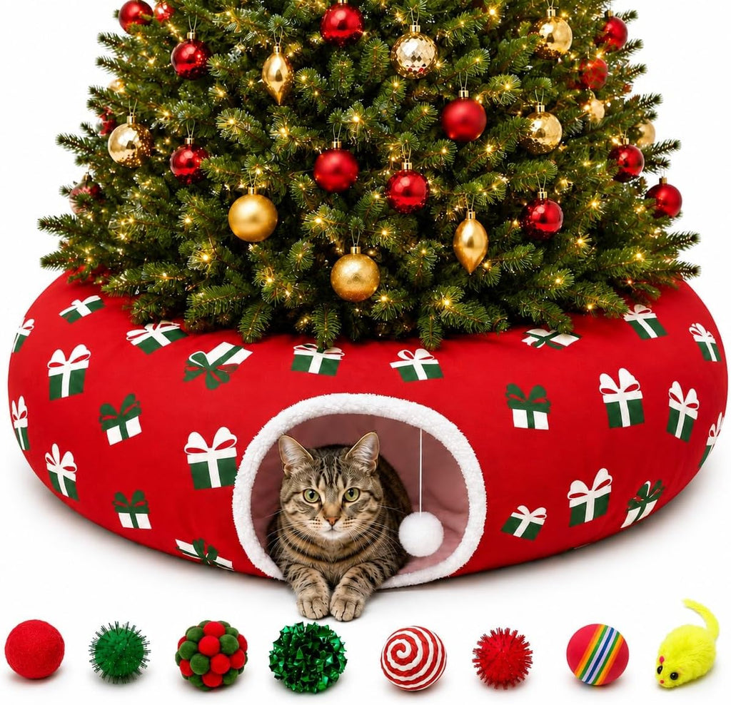 Cat Tunnel Under Tree in Christmas Style with Star, Crutches Candy, and Snowflakes Patterns - 3FT x 3FT x 9.8 INCH Size 