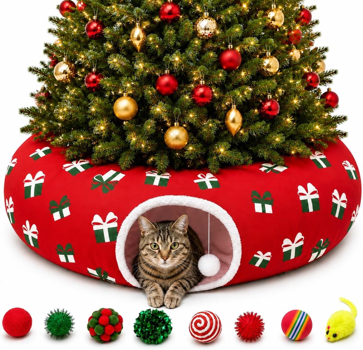 Cat Tunnel Under Tree in Christmas Style with Star, Crutches Candy, and Snowflakes Patterns - 3FT x 3FT x 9.8 INCH Size 