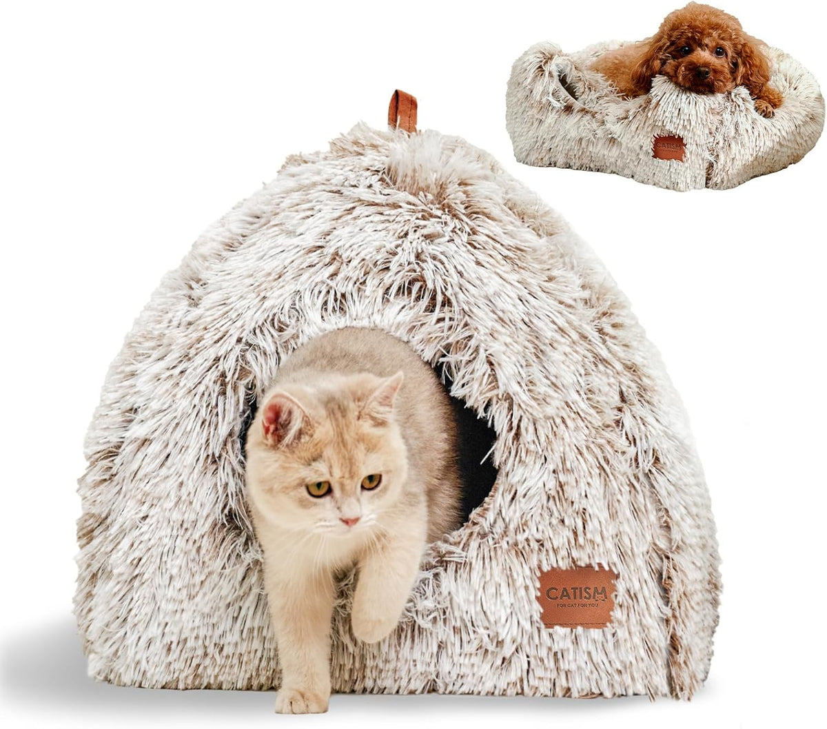 Cat Bed, Cat Cave for Indoor Cats, Soft Cat Dome, Self-Warming 2 in 1 Foldable Pet Cat House with Washable Cushioned Pil