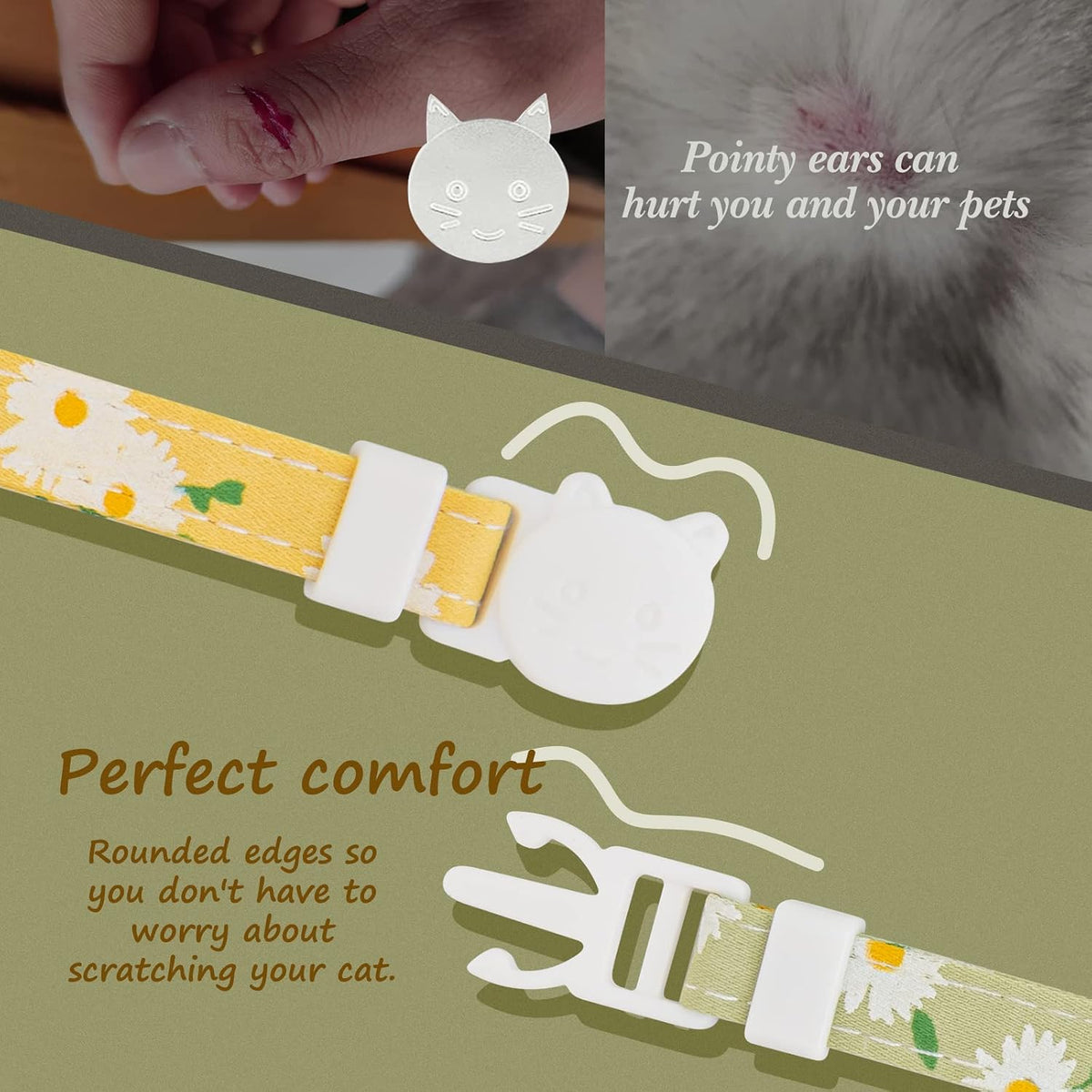 2 Pack Cotton Breakaway Cat Collar with Bell Yellow&Green Flowers Pendant Cute Kitten Cat Collar Suitable for Girls and 