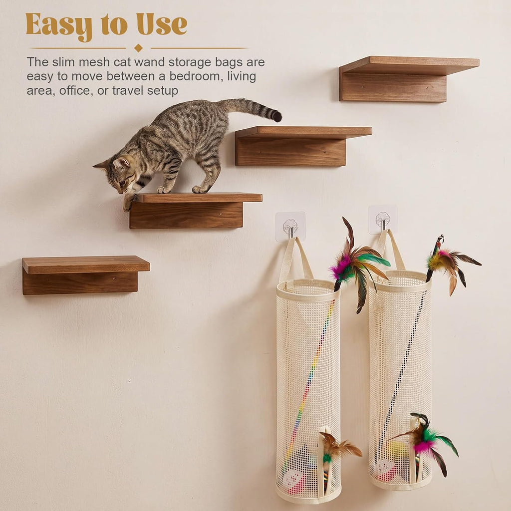 Hsei 4 Pack 15.16" Cat Wand Toy Organizer, Mesh Storage Bag Holder & Hooks