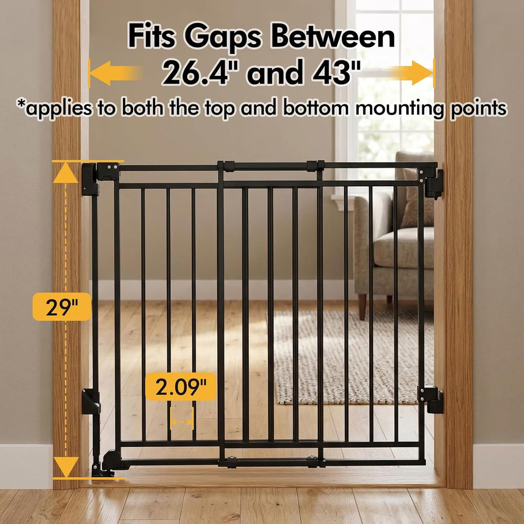 Baby Gate with No Bottom Bar, 29" H x 26.4-43" W, Black | Drill Required, Hardware Mounted, One-Hand Operation, Auto Clo