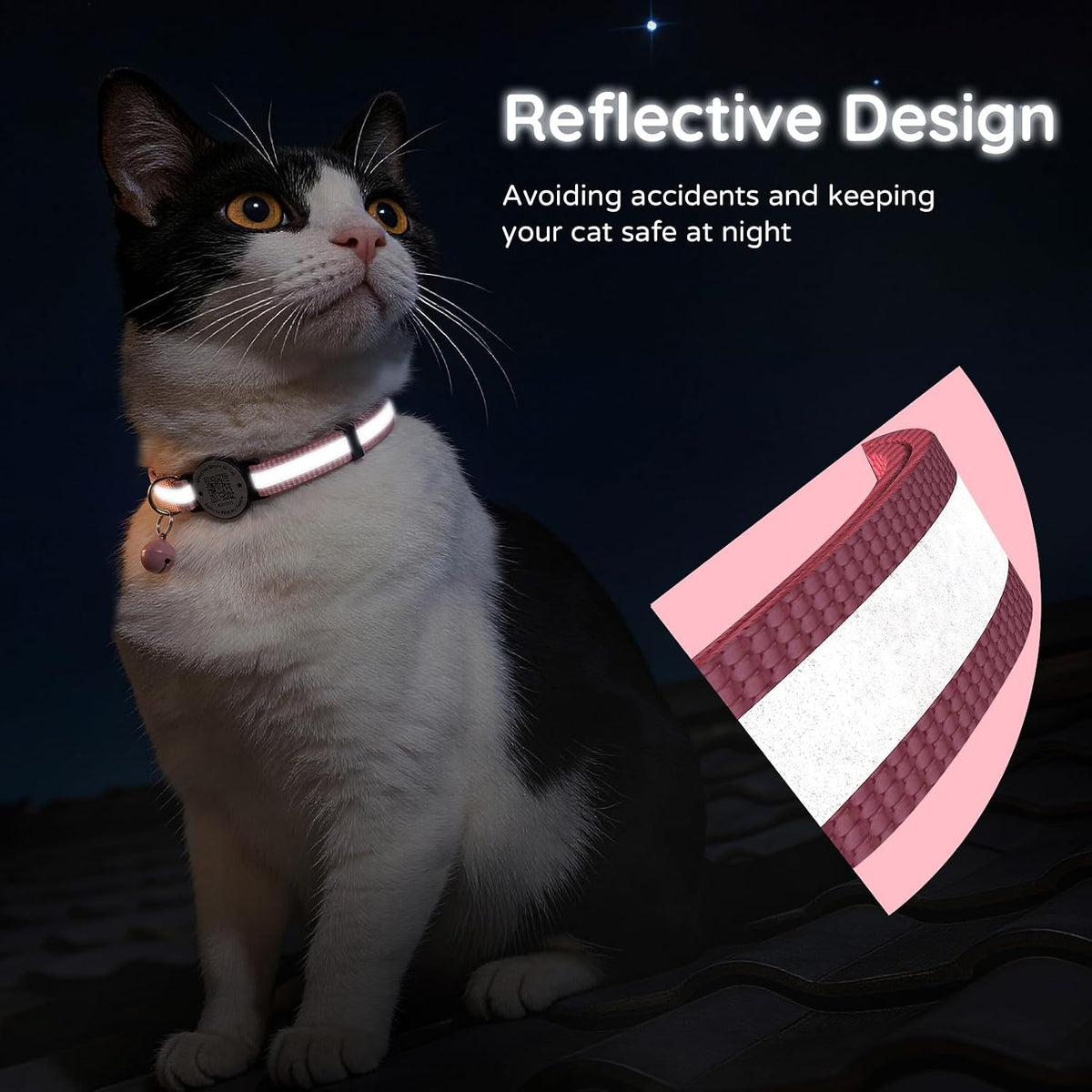Cat Collar Breakaway QR Code, Reflective cat Collar with Bells, Pink