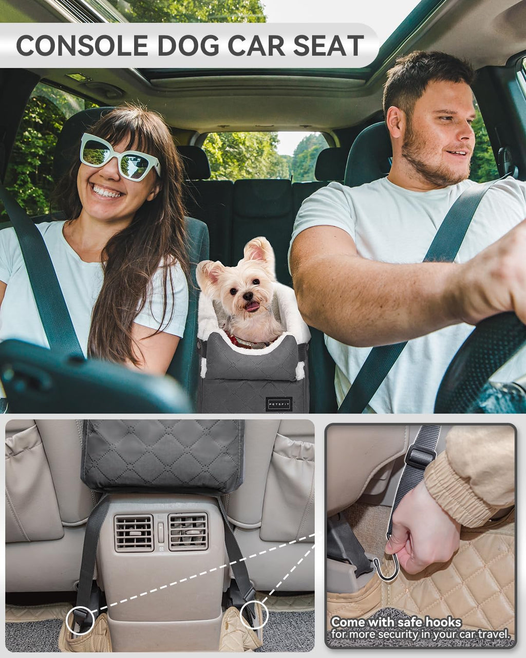 PETSFIT Center Console Dog Car Seat with Adjustable Seat-Rail Anchor Hooks