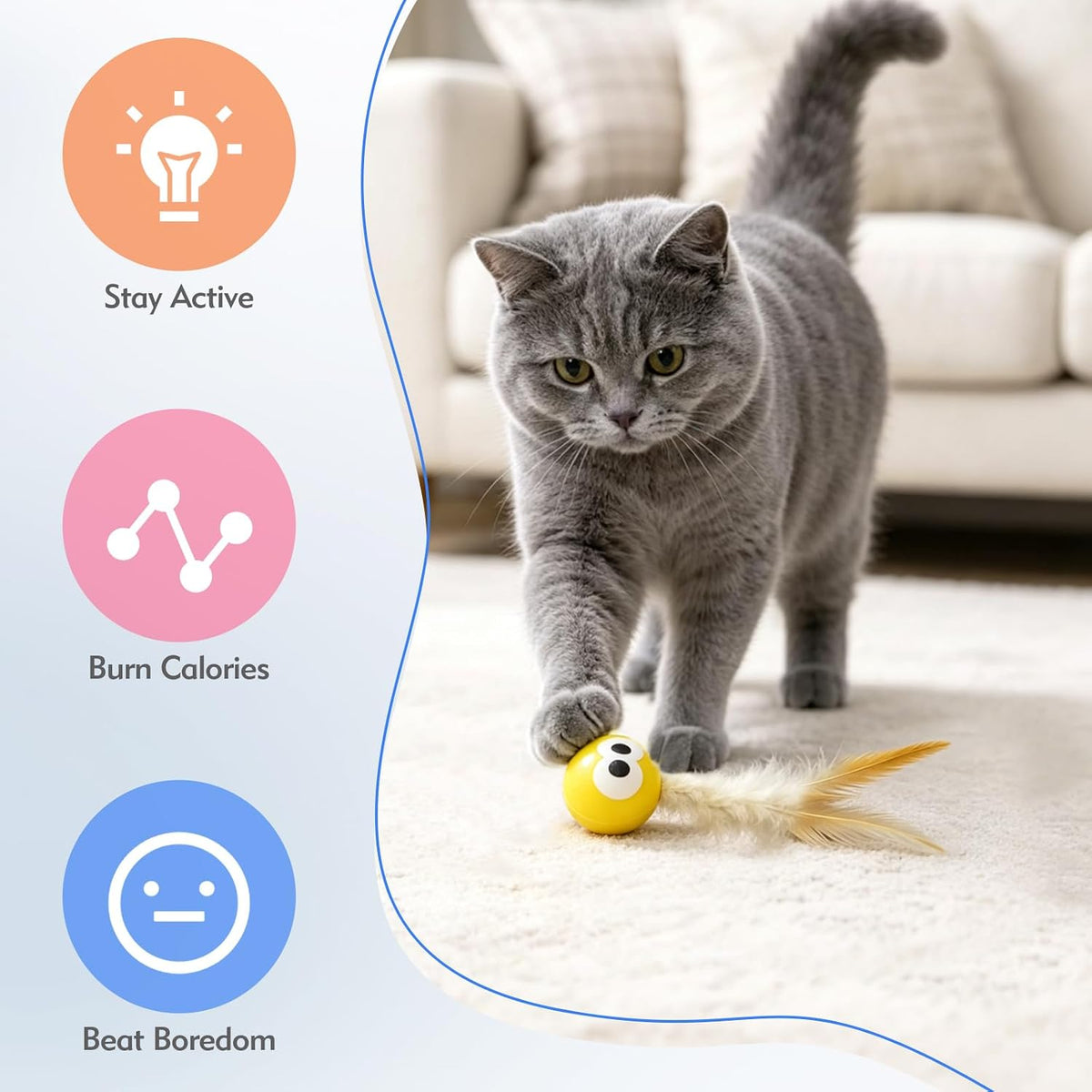 4 Pack Bouncing Ball Cat Toys, Elastic Rubber Balls with Feather Tails