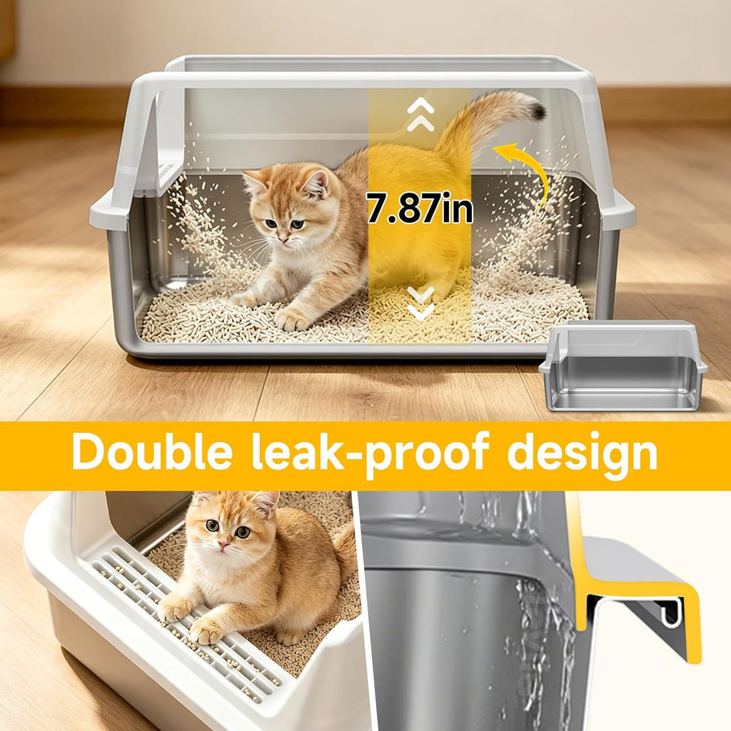 Stainless Steel Litter Box with Scoop,Small Metal Pan for Cats, Light Gray