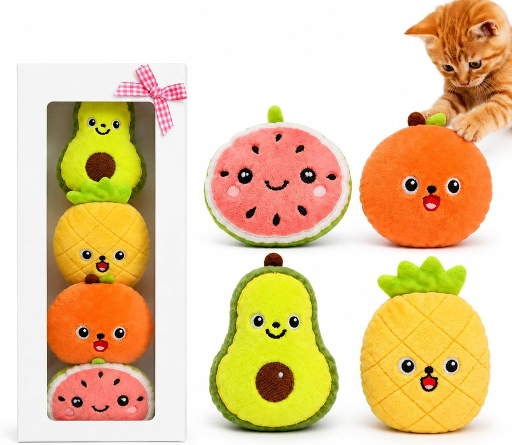 4-Pack Catnip Toys for Cats with Bells, Fruit-Shaped Soft Plush Interactive Set in Gift Box for Indoor Cats and Kittens,