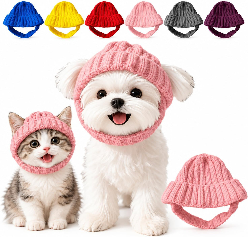 Dog Beanie Hat with Ear Holes, Purple Knitted Winter Cap for Small Pets